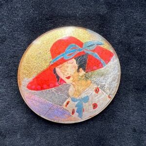 RARE Vintage Leona Fein Hand-Painted Brooch with Lady in Red Hat
